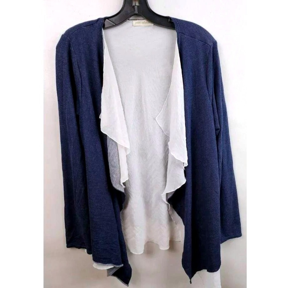 Pebble and Stone Cardigan Womens Large Blue White Layered Waterfall Open Front